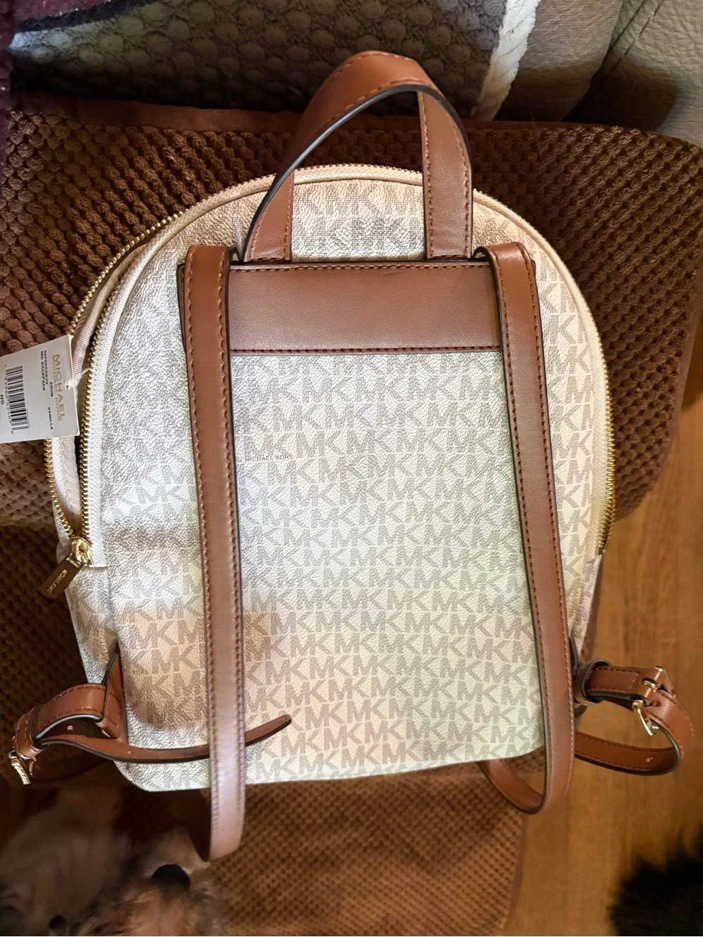 Michael Kors Cream Logo Studded Backpack with Gold Hardware